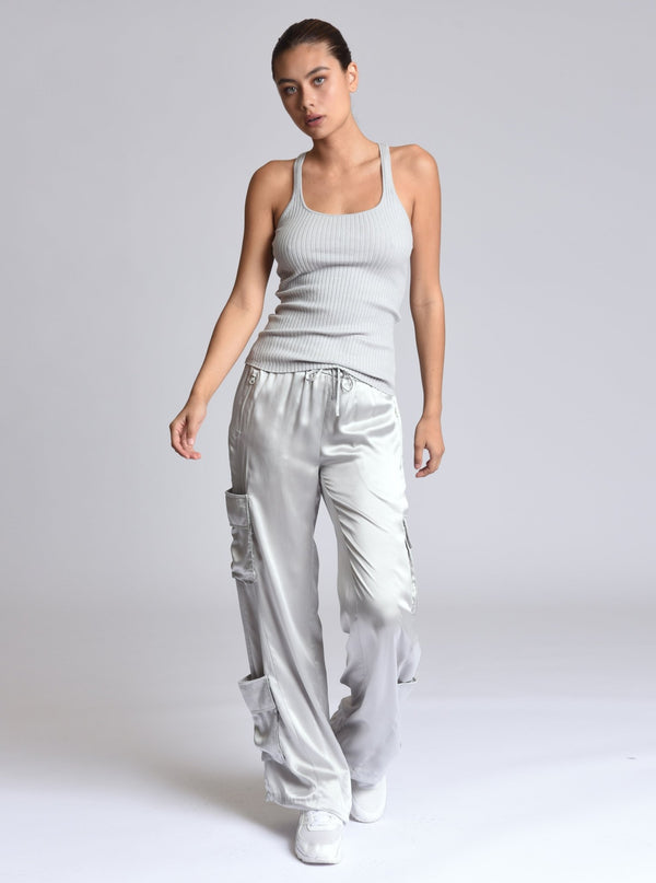 Blanc Noir Chelsea Silk Wide Leg Cargo Pant Vapor Grey