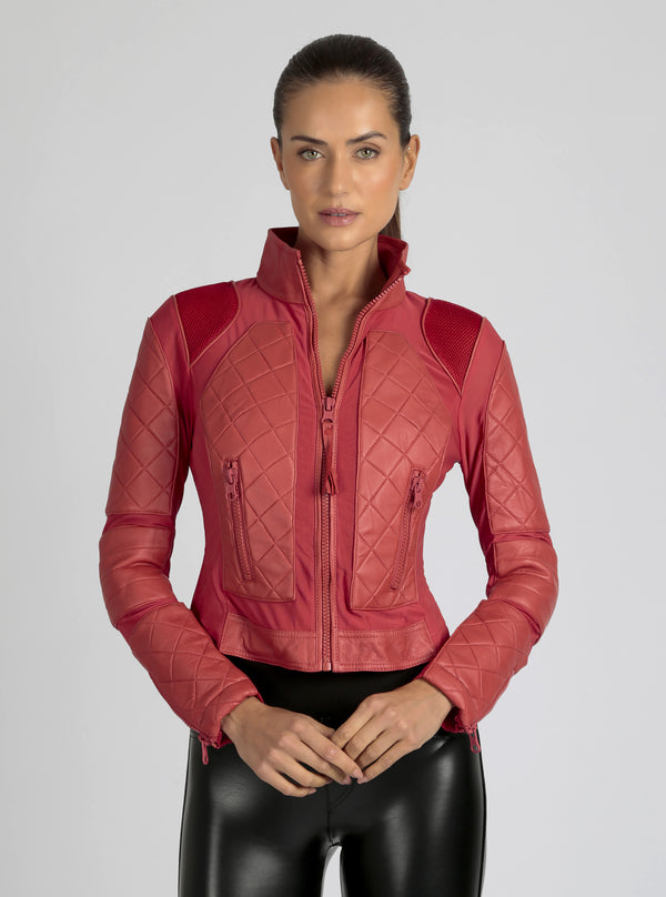 blanc noir Classic Leather Mesh Moto Jacket Azure or Watermelon (Cranberry) Cranberry