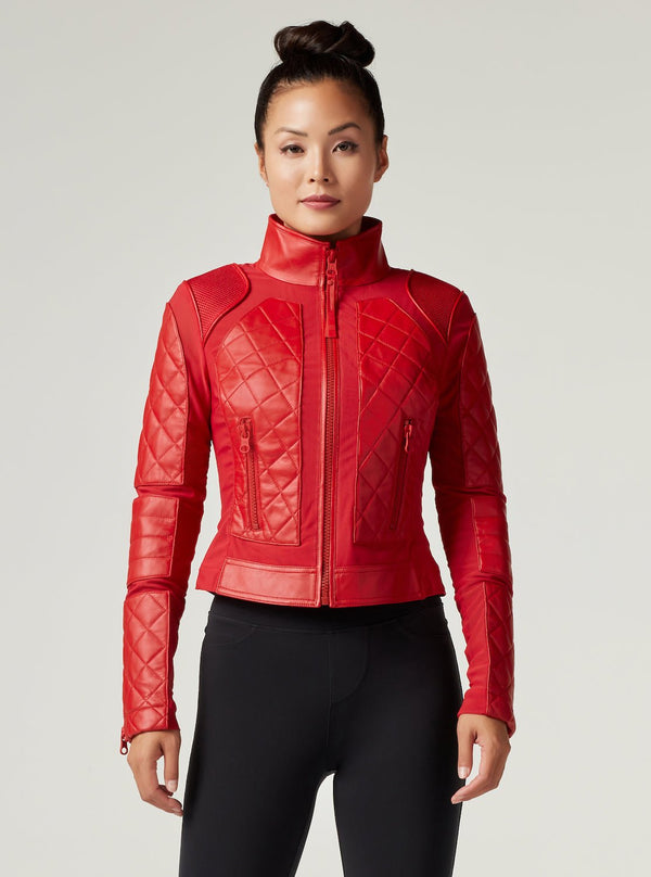 Blanc Noir Classic Leather Mesh Moto Jacket - Haute Red Haute Red