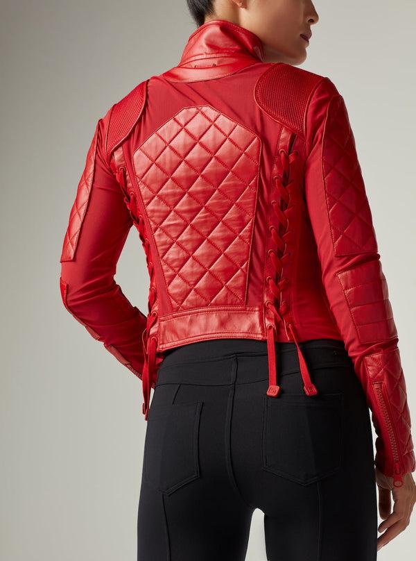 Blanc Noir Classic Leather Mesh Moto Jacket - Haute Red Haute Red