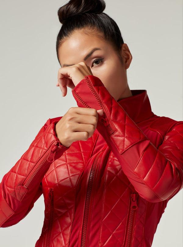 blanc noir Classic Leather Mesh Moto Jacket - Haute Red Haute Red