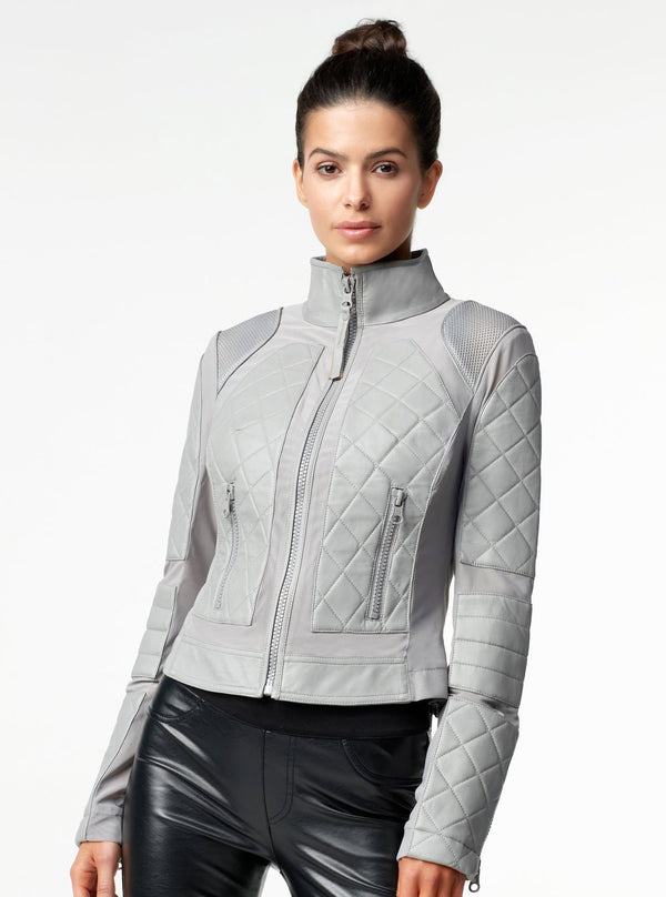 Blanc Noir Classic Leather Mesh Moto Jacket Sharkskin