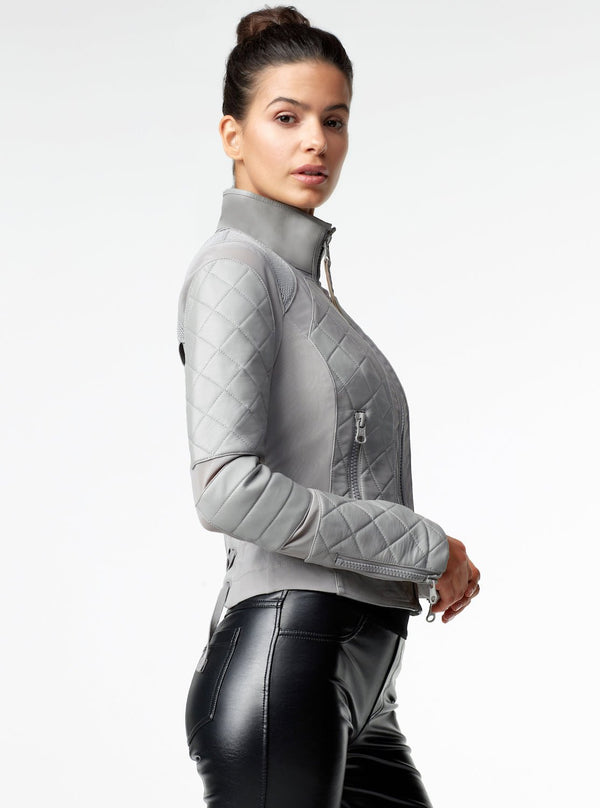 Blanc Noir Classic Leather Mesh Moto Jacket Sharkskin