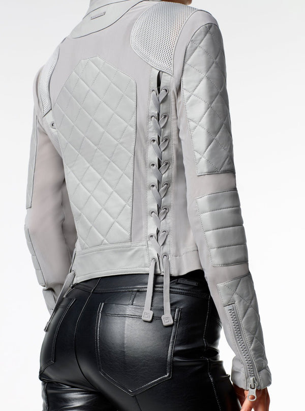 blanc noir Classic Leather Mesh Moto Jacket Sharkskin