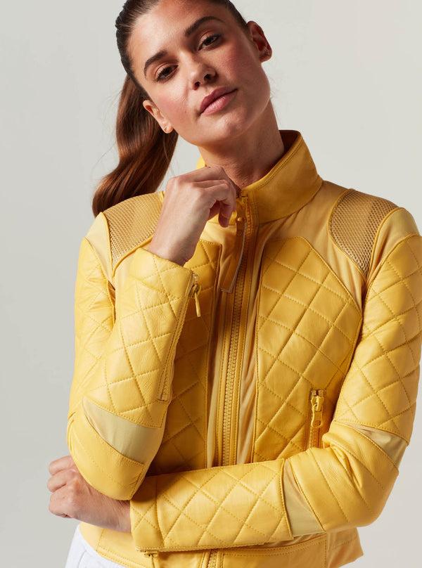 Blanc Noir Classic Leather Mesh Moto Jacket - Sunshine Yellow/Goldfinch Goldfinch