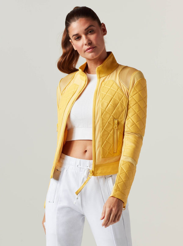 Blanc Noir Classic Leather Mesh Moto Jacket - Sunshine Yellow/Goldfinch Goldfinch