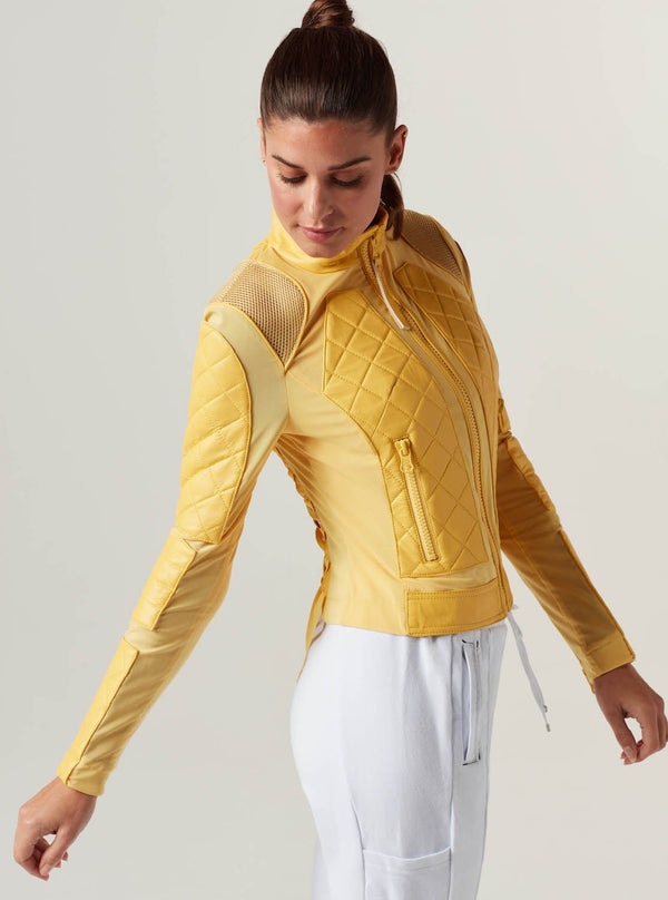 Blanc Noir Classic Leather Mesh Moto Jacket - Sunshine Yellow/Goldfinch Goldfinch