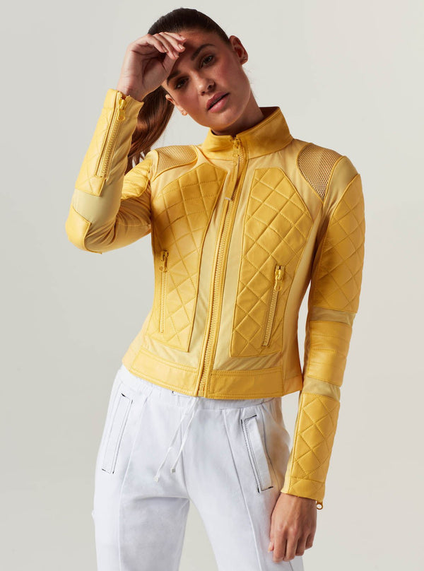 blanc noir Classic Leather Mesh Moto Jacket - Sunshine Yellow/Goldfinch Goldfinch