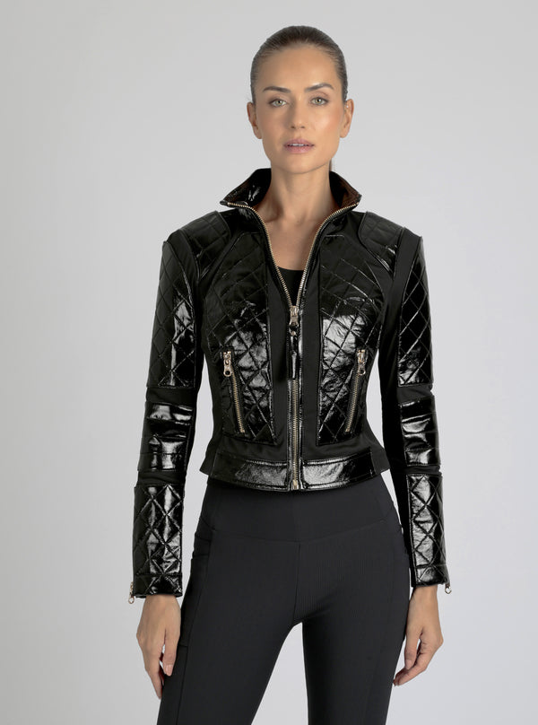 Blanc Noir Crushed Patent Leather Gold Mesh Moto Black