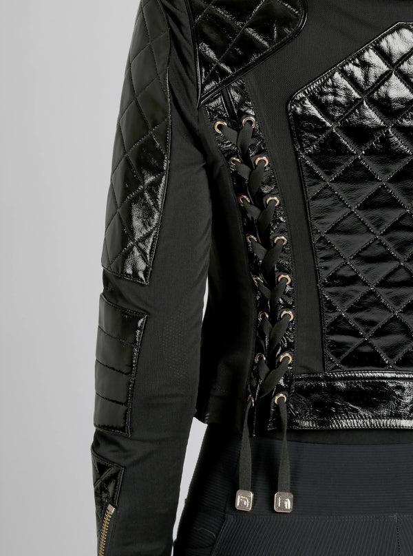 Blanc Noir Crushed Patent Leather Gold Mesh Moto Black