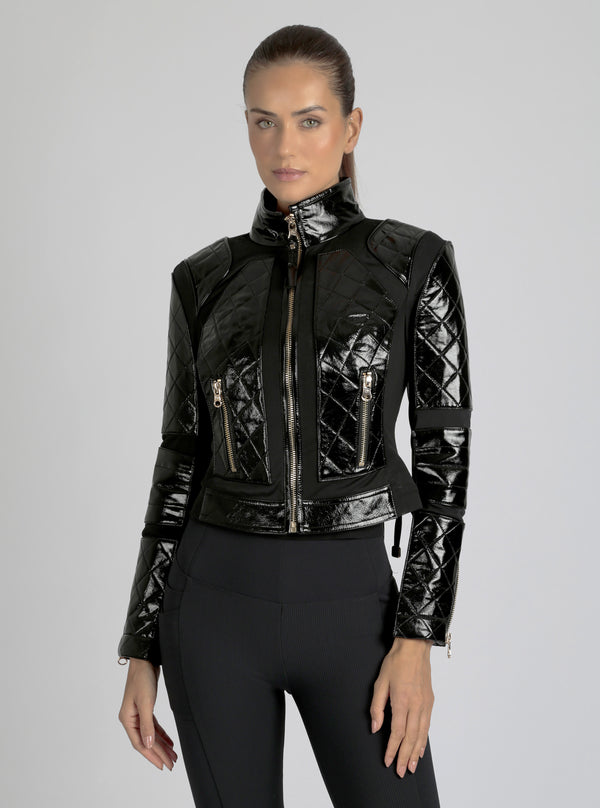 blanc noir Crushed Patent Leather Gold Mesh Moto Black