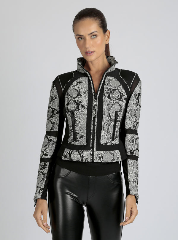 Blanc Noir Leather Mesh Snake Moto Jacket Black BLACK/WHITE SNAKE