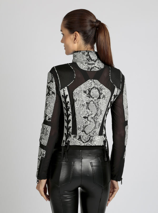 Blanc Noir Leather Mesh Snake Moto Jacket Black BLACK/WHITE SNAKE