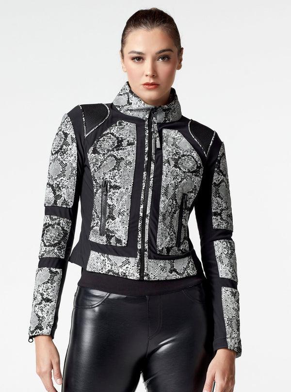 blanc noir Leather Mesh Snake Moto Jacket Black BLACK/WHITE SNAKE