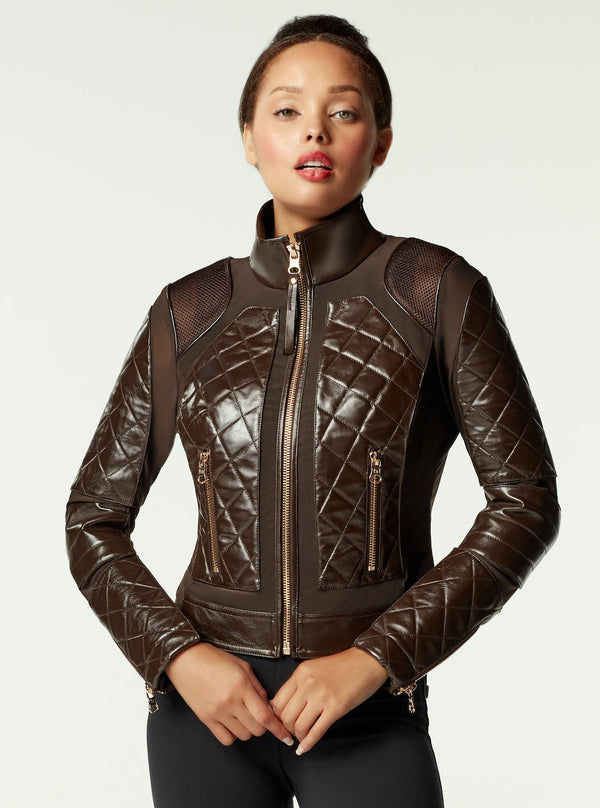 Blanc Noir Leather Moto Mesh Jacket - Brown/Gold Trims Java