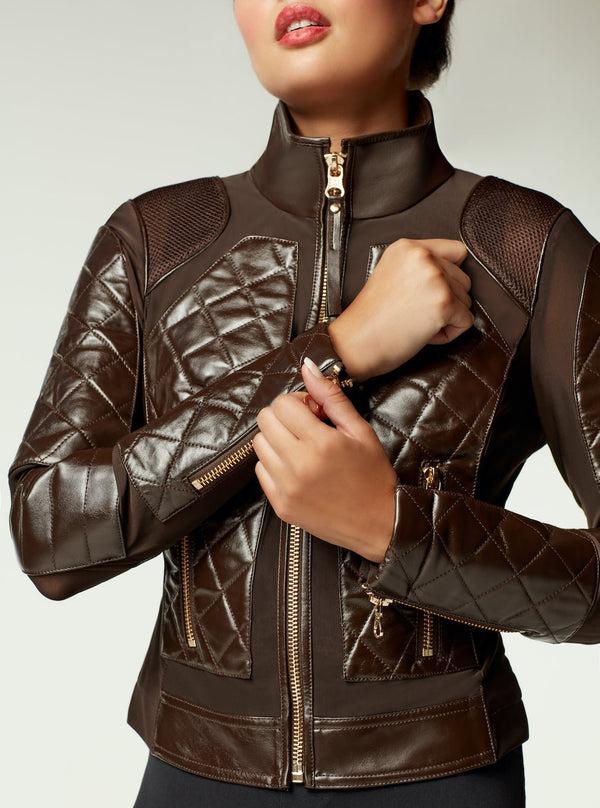 Blanc Noir Leather Moto Mesh Jacket - Brown/Gold Trims Java