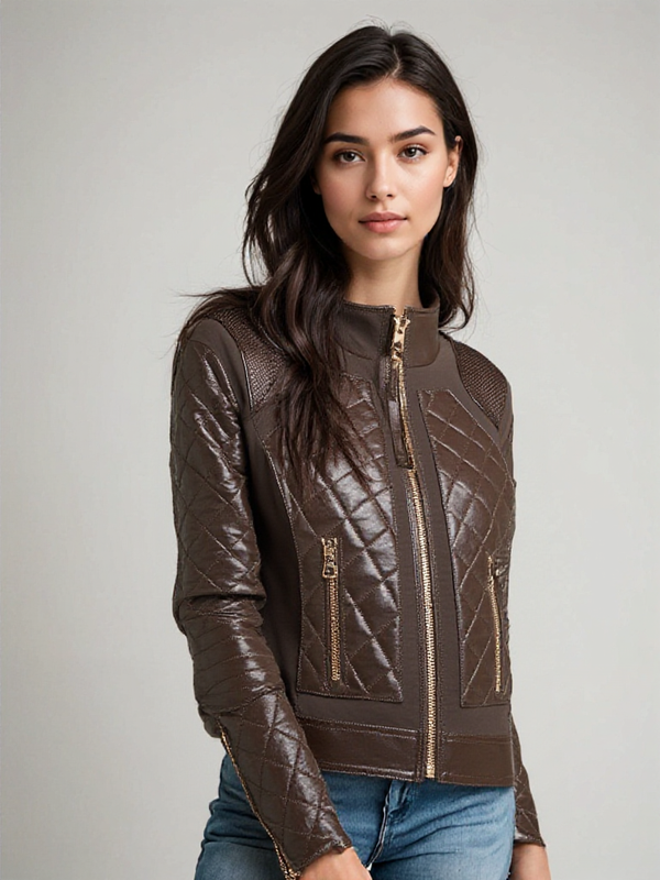 Blanc Noir Leather Moto Mesh Jacket - Brown/Gold Trims Java