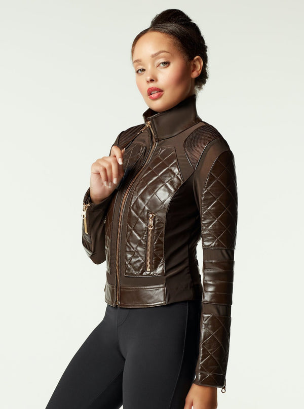 blanc noir Leather Moto Mesh Jacket - Brown/Gold Trims Java