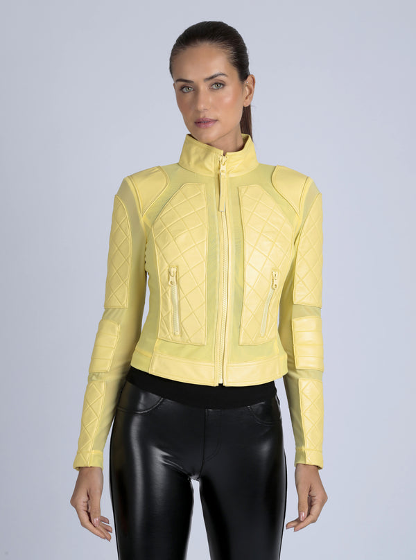 Blanc Noir Leather Moto Mesh Jacket - Pale Banana Pale Banana