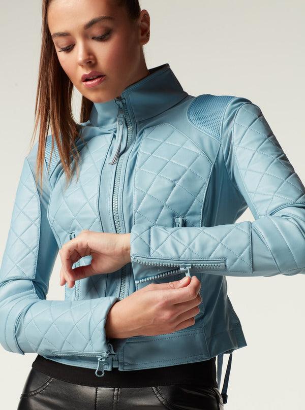 Blanc Noir Leather Moto Mesh Jacket - Sky Blue Blue Fog