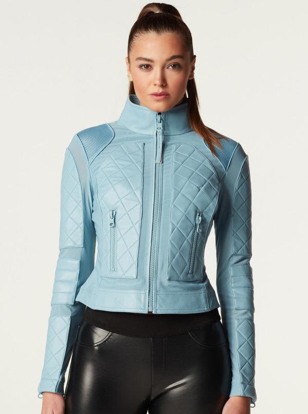 blanc noir Leather Moto Mesh Jacket - Sky Blue Blue Fog