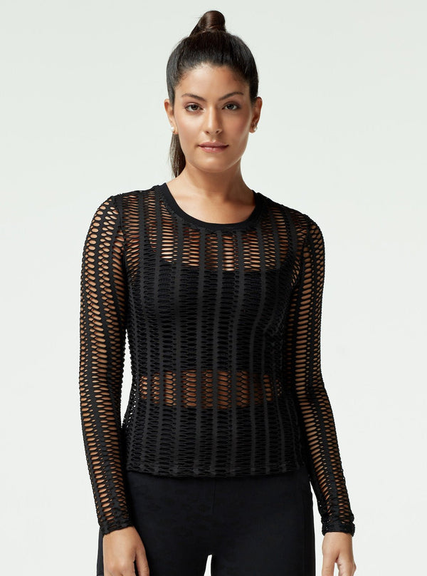 blanc noir LINEAR MESH TOP LONG SLEEVE - FINAL SALE BLACK
