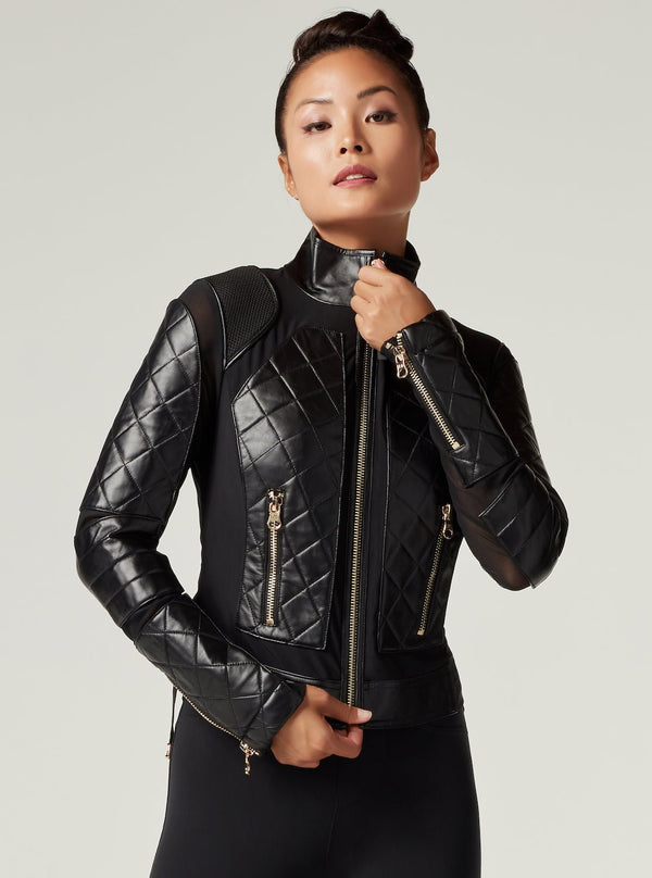 Blanc Noir Mesh Moto Jacket With Black Leather & Gold Trims - Gold Collection Black-Gold