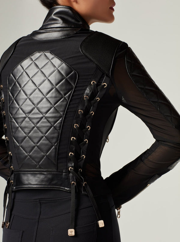 blanc noir Mesh Moto Jacket with Black Leather & Gold Trims - Gold Collection Black-Gold