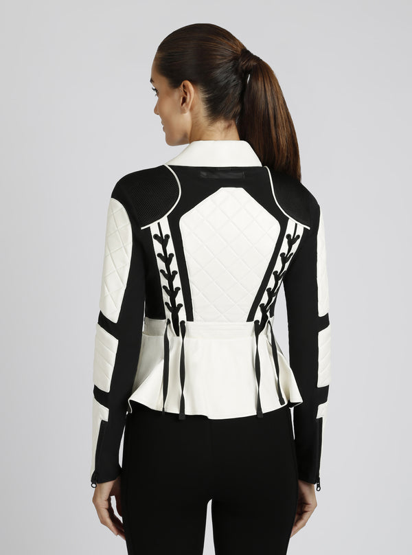 Blanc Noir Moto Mesh LEATHER Peplum Jacket White/Black