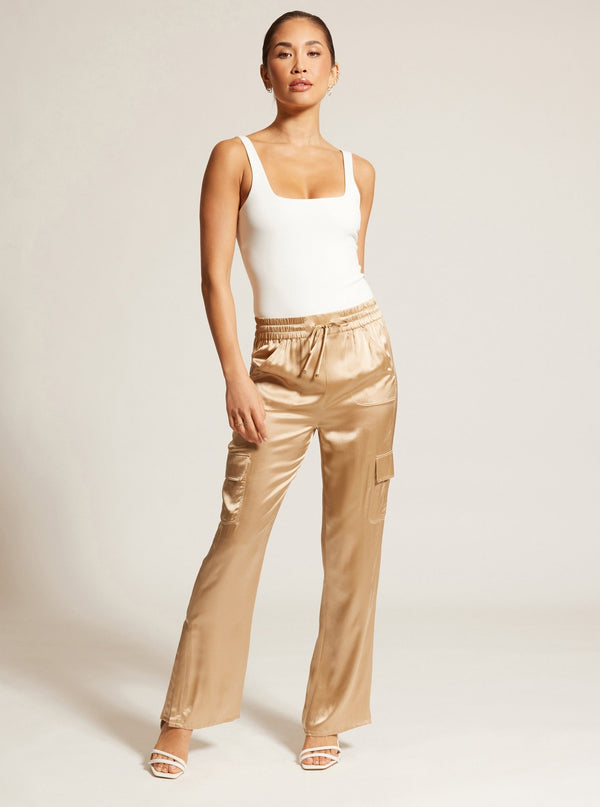 Blanc Noir Silk Wide Leg Pant Gold Trims Irish Cream/Gold