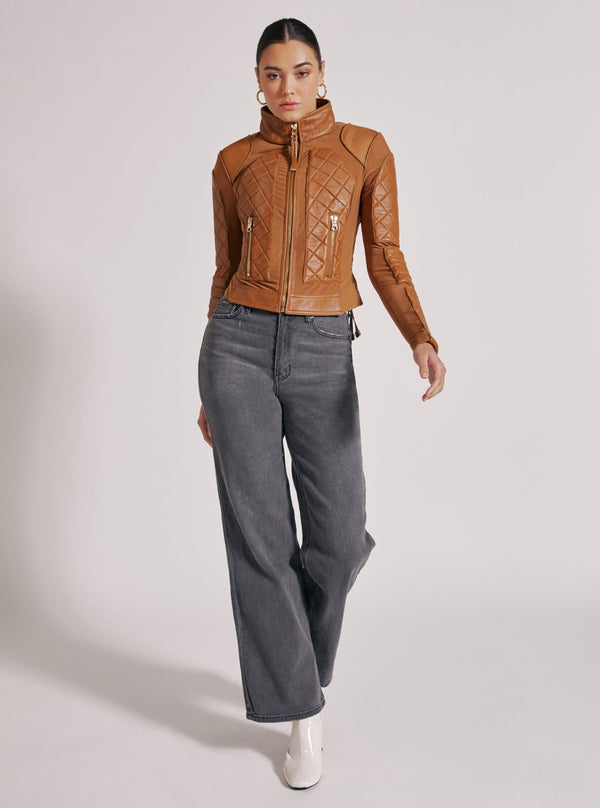 Blanc Noir Textured Mesh Moto Jacket Brown Sugar Croc/Gold