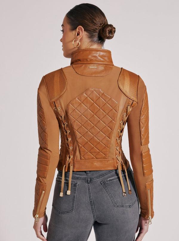 Blanc Noir Textured Mesh Moto Jacket Brown Sugar Croc/Gold