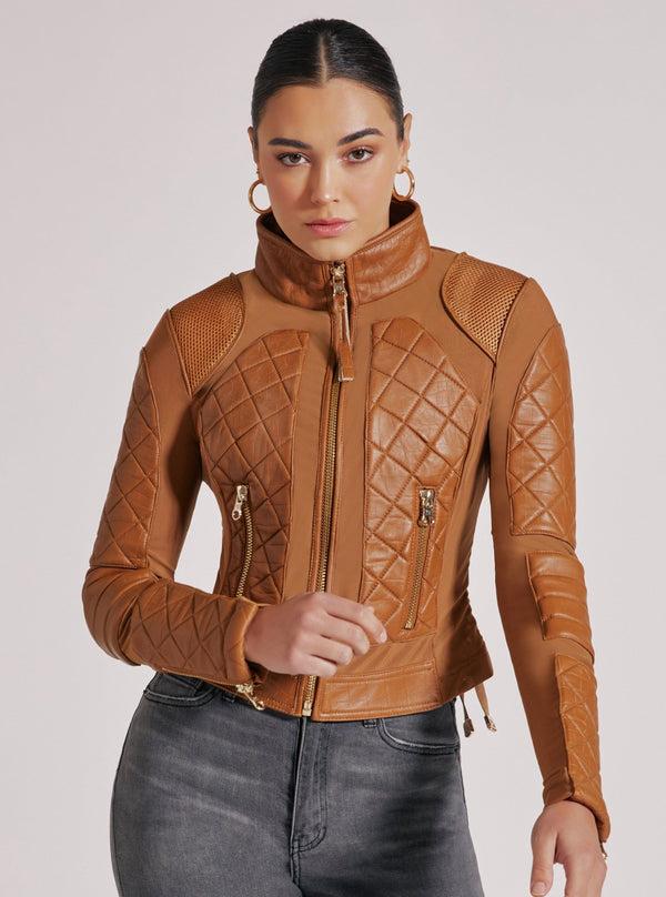 blanc noir Textured Mesh Moto Jacket Brown Sugar Croc/Gold
