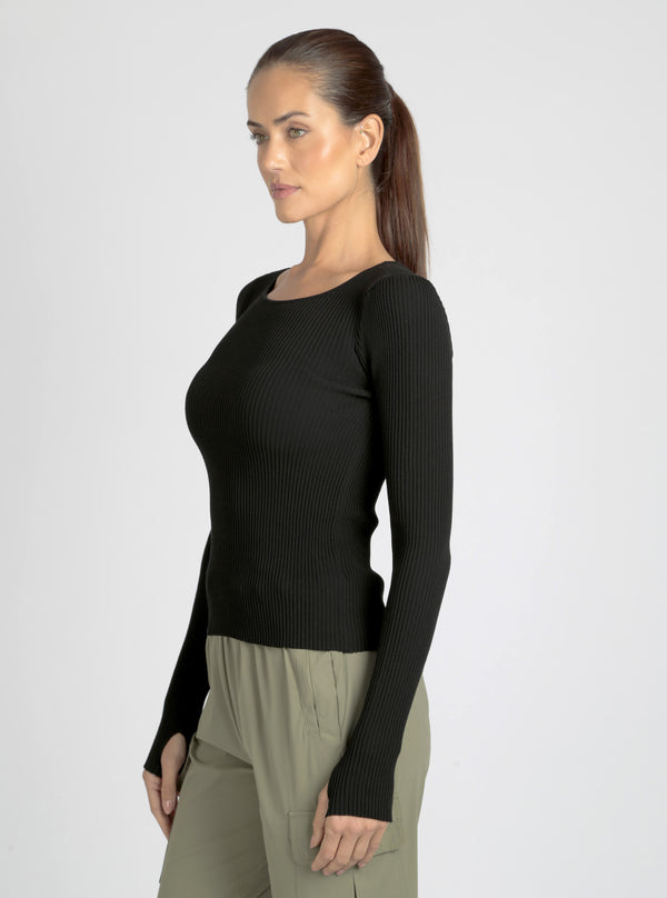 Blanc Noir Two Tone Rib Long Sleeve Top Bright White