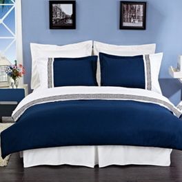 blancho bedding Astrid Navy Blue & White Embroidered 3-Piece Duvet Cover Set