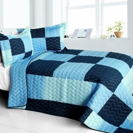 blancho bedding [Azurite] Vermicelli-Quilted Patchwork Plaid Quilt Set Full/Queen