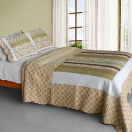 blancho bedding [Beige Paisley] Cotton 3PC Vermicelli-Quilted Printed Quilt Set (Full/Queen Size)