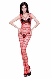 blancho bedding Blancho SE-142-RED Mesh Hole Open Crotch Body Stocking - Red - Medium