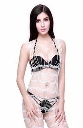 blancho bedding Blancho SE-142-WHITE Mesh Hole Open Crotch Body Stocking - White - Medium