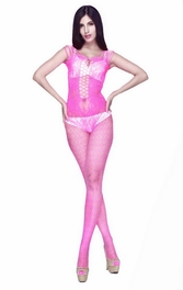blancho bedding Blancho SE-146-FUCHSIA Lady Lace Open Crotch Body Stocking - Pink - Medium