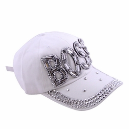 Blancho Bedding Blancho Women Fashion BOSS Rhinestone Studded Bling Adjustable Baseball Cap White