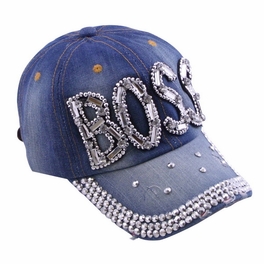 Blancho Bedding Blancho Women Fashion BOSS Rhinestone Studded Bling Adjustable Baseball Cap Denim Jean