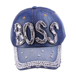 blancho bedding Blancho Women Fashion BOSS Rhinestone Studded Bling Adjustable Baseball Cap Denim Jean