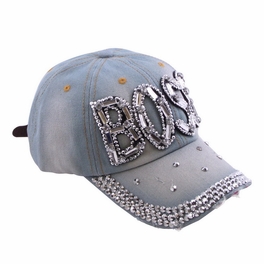 Blancho Bedding Blancho Women Fashion BOSS Rhinestone Studded Bling Adjustable Baseball Cap Light Wash Denim Jean