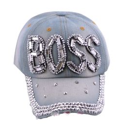 blancho bedding Blancho Women Fashion BOSS Rhinestone Studded Bling Adjustable Baseball Cap Light Wash Denim Jean