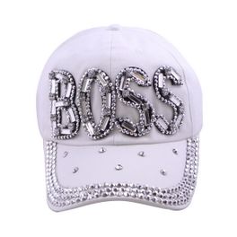 blancho bedding Blancho Women Fashion BOSS Rhinestone Studded Bling Adjustable Baseball Cap White