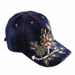 Blancho Bedding Blancho Women Fashion Floral Design Rhinestone Bling Adjustable Baseball Cap Dark Wash Denim Jean