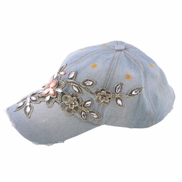 Blancho Bedding Blancho Women Fashion Floral Design Rhinestone Bling Adjustable Baseball Cap Light Wash Denim Jean