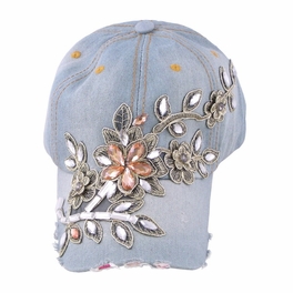 Blancho Bedding Blancho Women Fashion Floral Design Rhinestone Bling Adjustable Baseball Cap Light Wash Denim Jean