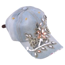 blancho bedding Blancho Women Fashion Floral Design Rhinestone Bling Adjustable Baseball Cap Light Wash Denim Jean